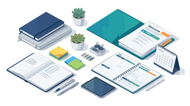 Isometric office supplies and stationery set for business organization and planning.