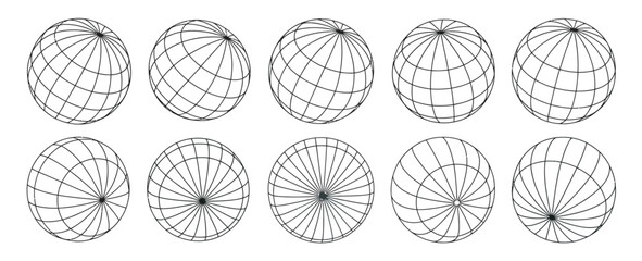 Detailed wireframe sphere globe set with various grid styles for technical graphics © mosttirana