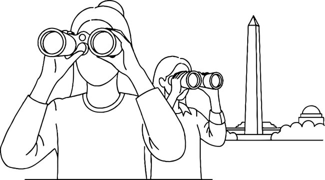 Two people observing landmarks with large binoculars together.