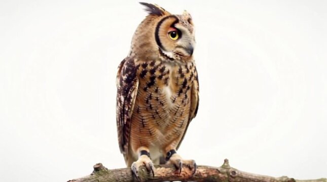 A small owl perched and looking forward with large yellow eyes.