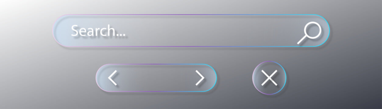 Glassmorphism web UI elements kit with search bar navigation buttons and close icon on grey background