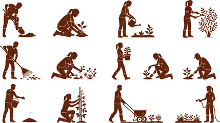 People gardening set planting working in garden silhouettes men women watering pruning raking shovel plants nature hobby work. © Sadhin