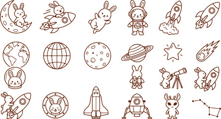 Astronomy set space exploration bunny astronaut rocket planets stars comet telescope moon mission galaxy science kids universe. © Sadhin
