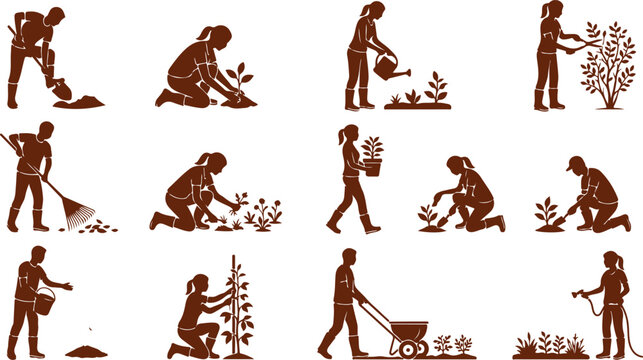 People gardening set planting working in garden silhouettes men women watering pruning raking shovel plants nature hobby work.