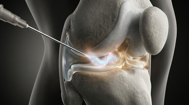Innovative exosome-based treatment for knee joint pain relief hospital medical procedure clinical environment close-up view