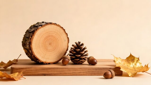 Wood slice acorns and leaves on wooden board