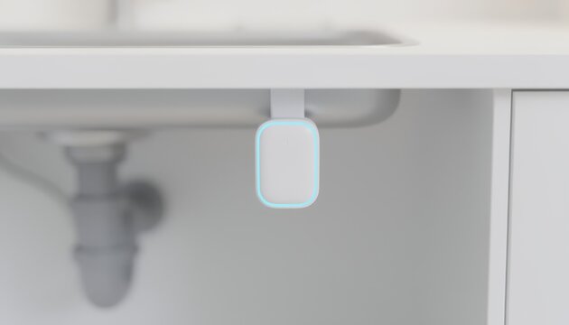 Minimalist 3D render of a smart water sensor mounted under a kitchen sink with glowing wireless alerts blurred plumbing and pristine white cabinet background in soft highkey