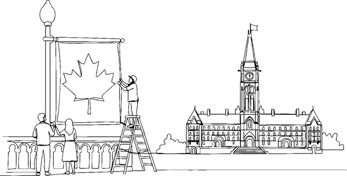 Artists painting large maple leaf flag near parliament building.