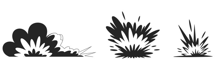 Set of three dynamic cartoon explosion effects with smoke clouds and debris in a comic book style vector illustration. © ALBART
