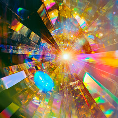 Fototapeta premium Abstract crystal tunnel with rainbow light explosion in center. Colorful crystal glass fragments reflect bright sun beam. Creative crystal background with dynamic light flare for design.
