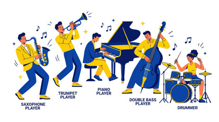 Jazz Band Playing Music Together - Saxophone, Trumpet, Piano, Bass, Drums © Lilis