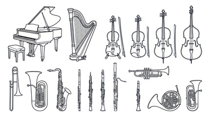 Orchestral Instruments Collection: Piano, Harp, Strings, Brass, Woodwinds - Vintage Sketch © Lilis