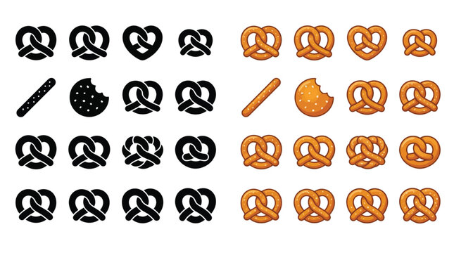 Collection of pretzel icons in black and white and color, including different shapes and a breadstick.
