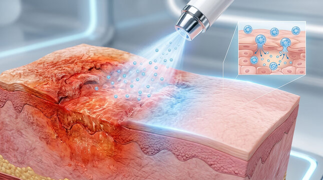 Exosome treatment process medical facility digital visualization clean environment close-up view advanced technology