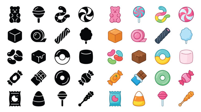 Collection of colorful and black and white candy icons, including gummy bears, lollipops, and chocolates.