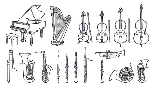 Orchestral Instruments Collection: Piano, Harp, Strings, Brass, Woodwinds - Vintage Sketch