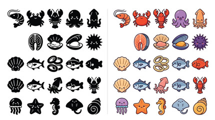 Collection of cute cartoon seafood icons, both black and white and colorful versions. © Farina