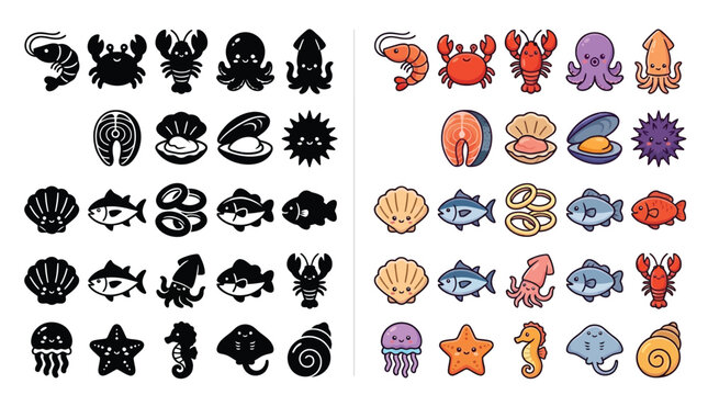 Collection of cute cartoon seafood icons, both black and white and colorful versions.