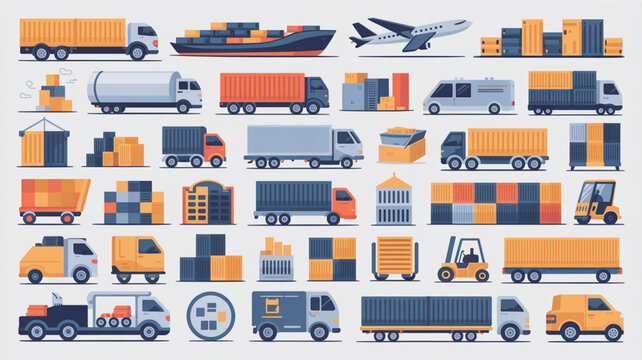 A comprehensive collection of diverse logistics transport vehicles including heavy trucks, cargo ships, and aircraft organized in a neat grid pattern on a plain neutral background.