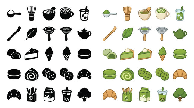 Collection of Matcha Tea and Desserts Icons in Black and White and Color.
