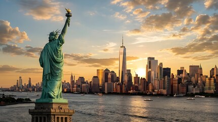 Fototapeta premium Statue of Liberty with Lower Manhattan Skyline at Sunset, New York City Landmark Seascape