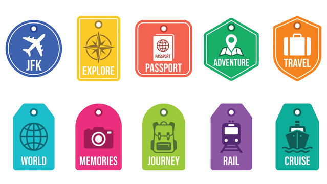 Colorful travel luggage tags and badges featuring icons for flight adventure cruise rail and world tourism.
