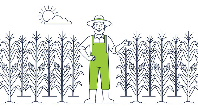 Friendly bearded farmer wearing green overalls standing in a large field of growing corn stalks