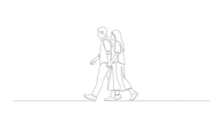 Obraz premium Couple Walking Hand in Hand, Minimalist Line Art, White Background