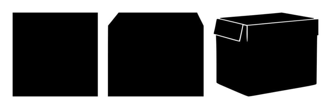 Container software box icon set with solid black design on white background featuring minimalist, line art, tech icon with digital and software