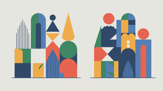 Two separate abstract compositions feature varied geometric forms including arches triangles and circles arranged in a structured urban skyline design on a grey backdrop.