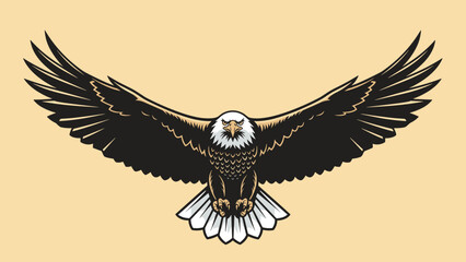 Fototapeta premium Stunning illustration of a majestic bald eagle with an impressive wide wingspan soaring against a solid light tan background.