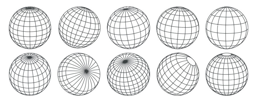 Collection of wireframe globe spheres with latitude and longitude grid line designs
