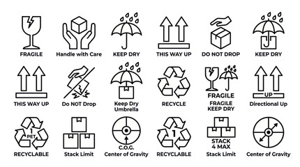 Fototapeta premium Shipping and Handling Symbols: Fragile, Keep Dry, Recycle, Directional Up, Stack Limit