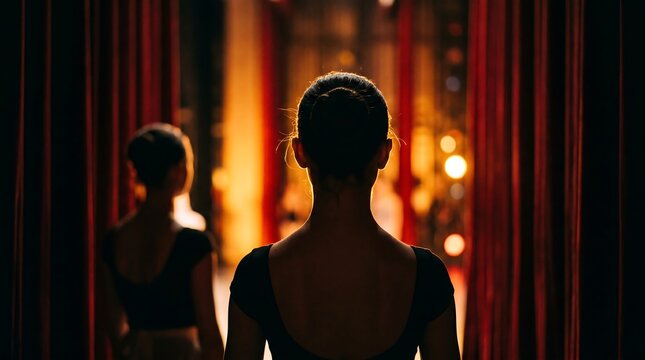 Silhouette of ballet dancers waiting backstage with dramatic golden stage lighting and red curtains, concept for artistic performance, theater production and inspirational story