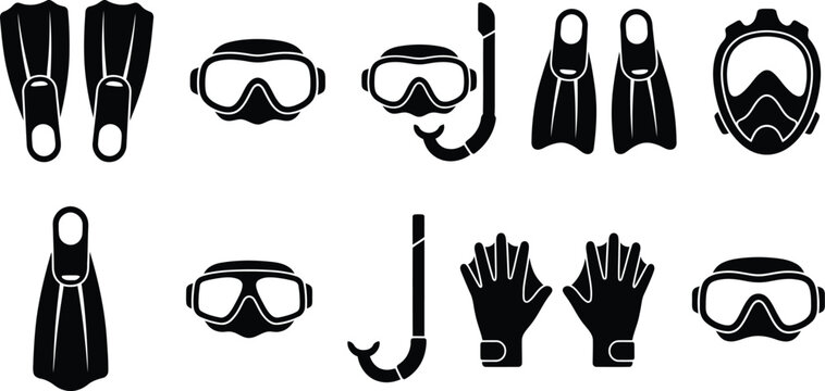 Black silhouette diving equipment icons set with snorkeling mask fins and gloves on transparent background.