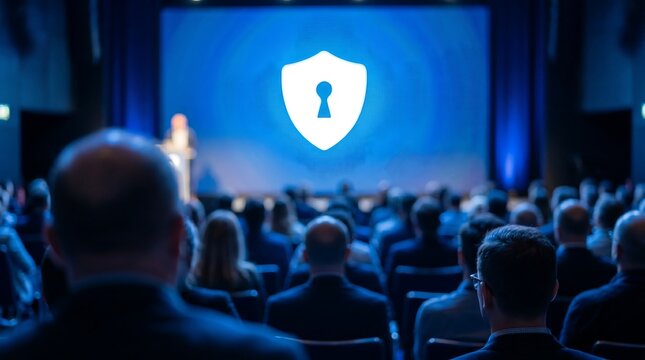 Attendees listening to a business presentation featuring a glowing blue keyhole shield icon, concept for data protection workshops, cybersecurity training and corporate seminars