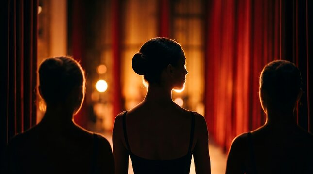Silhouette of ballet dancers waiting backstage with dramatic golden stage lighting and red curtains, concept for artistic performance, theater production and inspirational story