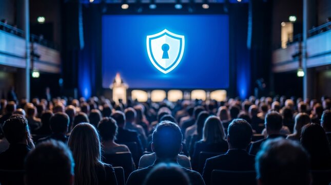 Attendees listening to a business presentation featuring a glowing blue keyhole shield icon, concept for data protection workshops, cybersecurity training and corporate seminars