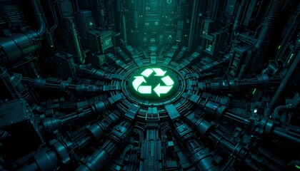 Obraz premium green recycling symbol icon in dark industrial machine facility energy system
