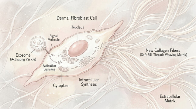 Exosome activation in dermal fibroblast cells scientific illustration laboratory setting high-detail viewpoint