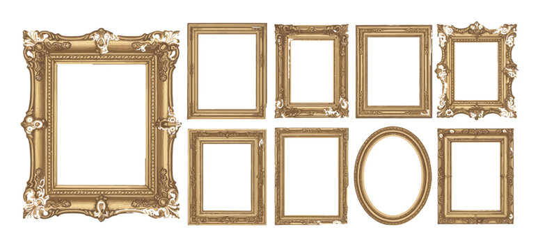 Set of ornate gold picture frames in various styles for gallery wall art displays