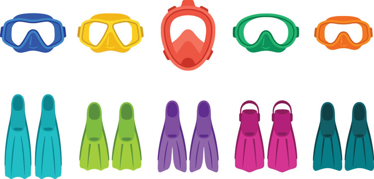 Colorful diving masks and fins vector set featuring vibrant snorkeling gear icons on transparent background.
