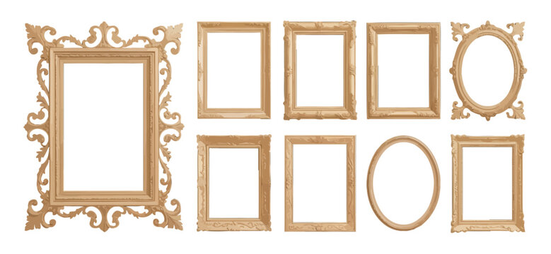 Collection of decorative vintage picture frames with ornate baroque style wooden edges