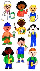 Fototapeta premium Hand drawn illustration of diverse children dressed up in different career occupations and professional roles