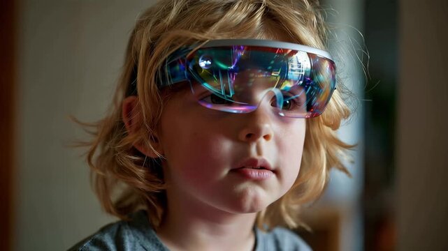 Child explores augmented reality with headset in home environment while learning and playing during afternoon time
