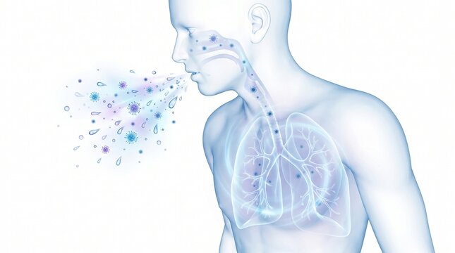 Illustration of a person expelling virus particles from their lungs and mouth