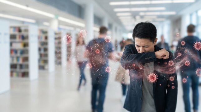 A man coughing with virus particles spreading in a crowded public space