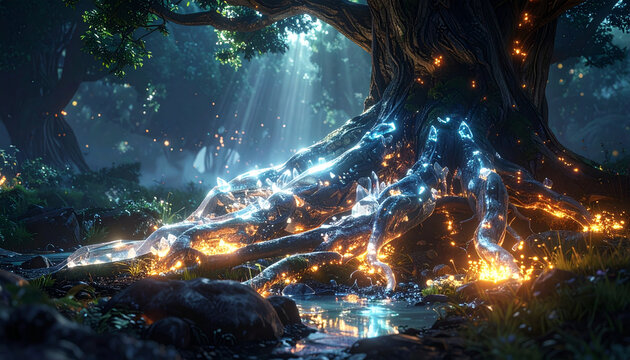 Glowing tree roots in mystical forest with fireflies and sunlight