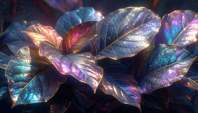 Iridescent Leaves Shine with Dew and Sunlight in Nature