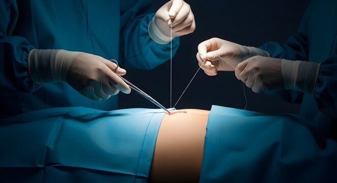 Medical professionals performing surgical suturing on a patient